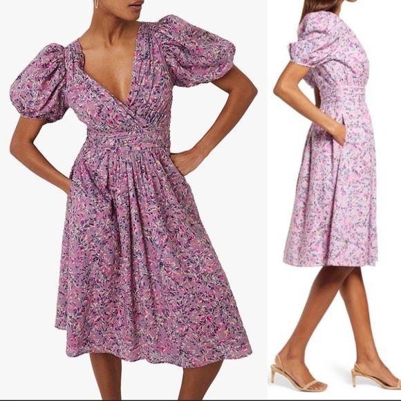 French Connection New With Tags Flores Puff Sleeve Dress In Mauve Mist Multi - Picture 2 of 11